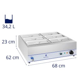 Royal Catering RCBM-6W-2000 Bain Marie -ruoanlämmitin 2000 W, 6 x 1/3 GN-astia, poistoventtiili