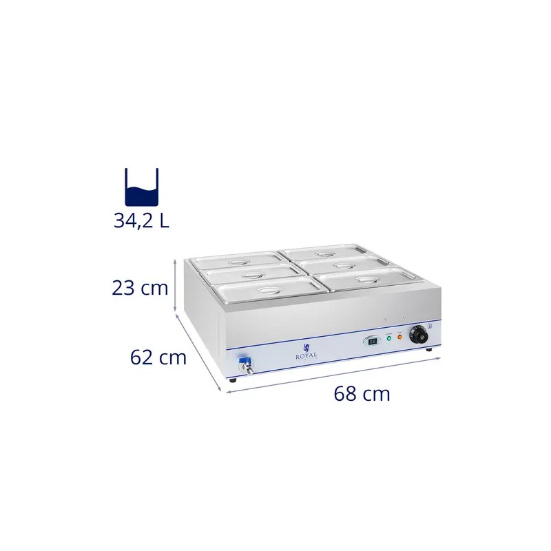 Royal Catering RCBM-6W-2000 Bain Marie -ruoanlämmitin 2000 W, 6 x 1/3 GN-astia, poistoventtiili