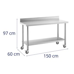 Royal Catering ruostumattomasta teräksestä valmistettu työpöytä pyörillä 60 x 150 cm