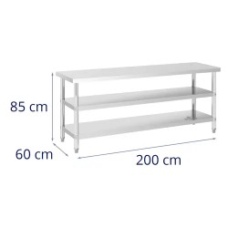 Royal Catering ECO ruostumaton työpöytä 200 x 60 cm, 500 kg kantavuus, välihyllyillä