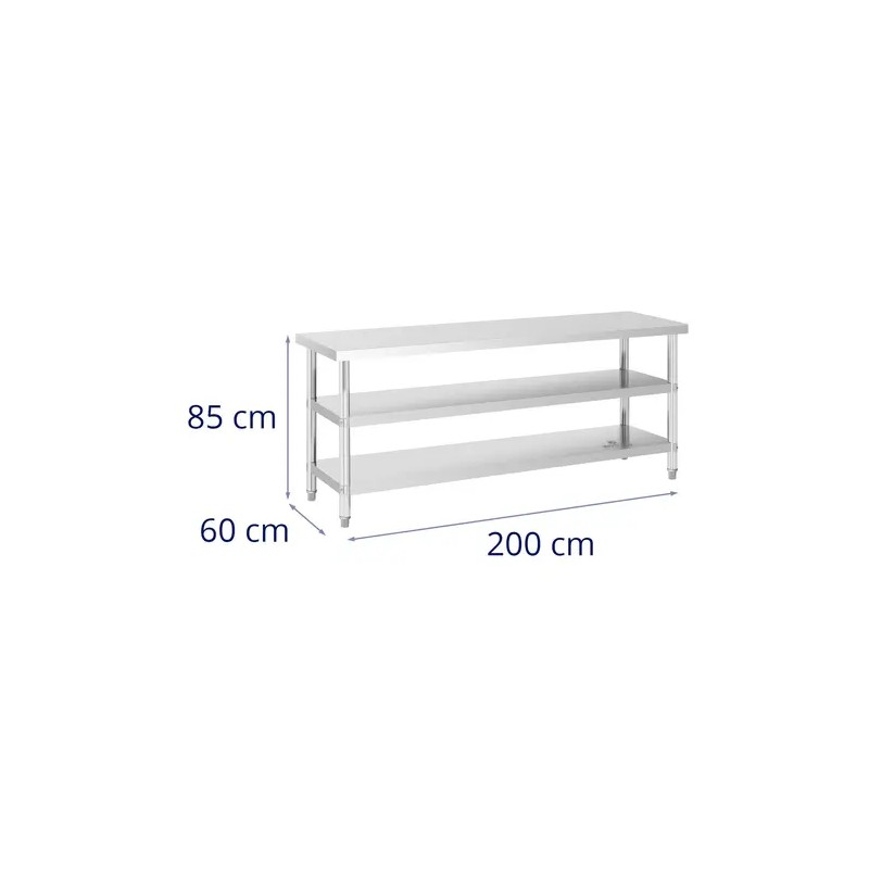 Royal Catering ECO ruostumaton työpöytä 200 x 60 cm, 500 kg kantavuus, välihyllyillä