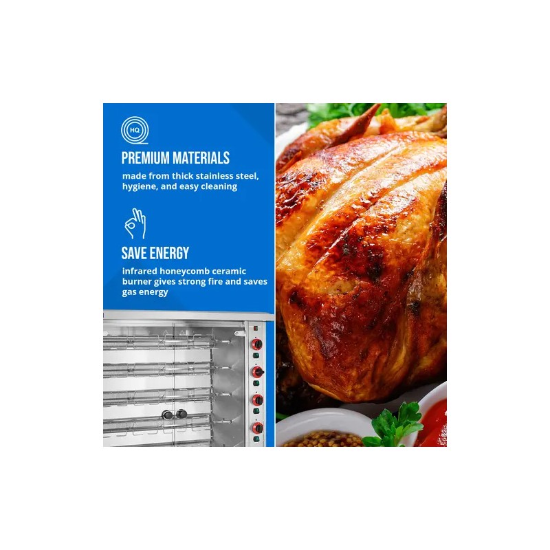 Royal Catering kaasulämmitteinen kanagrilli 6 vartaalla valaistuksella ja pyörillä