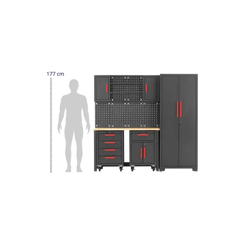 MSW Modulaarinen työpajakaappi 132 x 42,7 cm rullakonteilla ja reikälevyllä