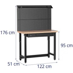 MSW-WBHD-02 Työpöytä 122 x 51 cm, korkeussäädettävä 95-176 cm, työkaluseinällä ja laatikolla
