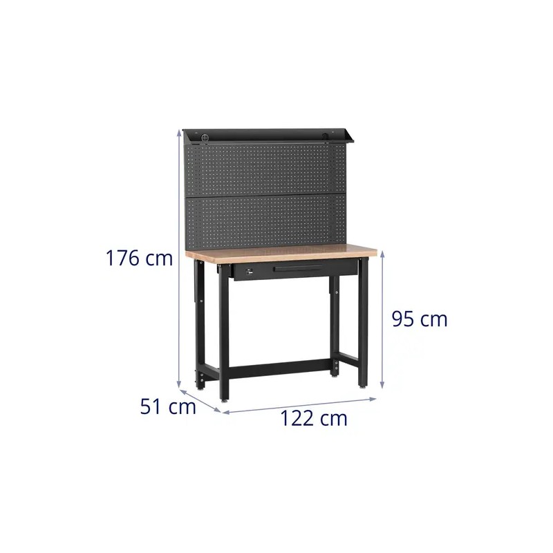MSW-WBHD-02 Työpöytä 122 x 51 cm, korkeussäädettävä 95-176 cm, työkaluseinällä ja laatikolla