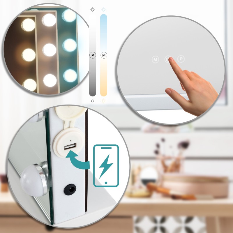 Marlene meikkipeili led-valoilla ja usb-portilla kylpyhuoneeseen