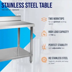 Royal Catering ruostumaton terästyöpöytä RCAT-120/60-N 120 x 60 cm, 250 kg kantavuus, reunuksella