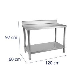 Royal Catering ruostumaton terästyöpöytä RCAT-120/60-N 120 x 60 cm, 250 kg kantavuus, reunuksella