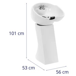 Kampaamon pesuallas säädettävällä kallistuksella, sekoittajalla ja suihkulla, valkoinen