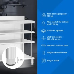 Royal Catering baarityöpöytä ruostumaton teräs 200 x 60 x 115 cm