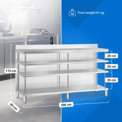 Royal Catering baarityöpöytä ruostumaton teräs 200 x 60 x 115 cm
