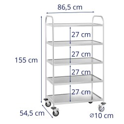 Royal Catering ruostumattomasta teräksestä valmistettu tarjoiluvaunu, 5 hyllyä, 84 x 52 cm, 150 kg
