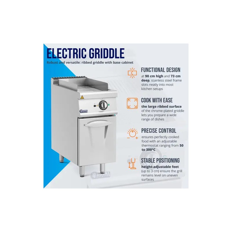 Royal Catering Pro 730 Series sähkögrilli alakaapilla, 5,4 kW, uritettu pinta, 40 x 70 cm