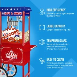 Royal Catering Popcorn-kone kärryllä 1500 W 5 kg/h punainen