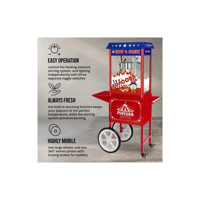 Royal Catering Popcorn-kone kärryllä 1500 W 5 kg/h punainen