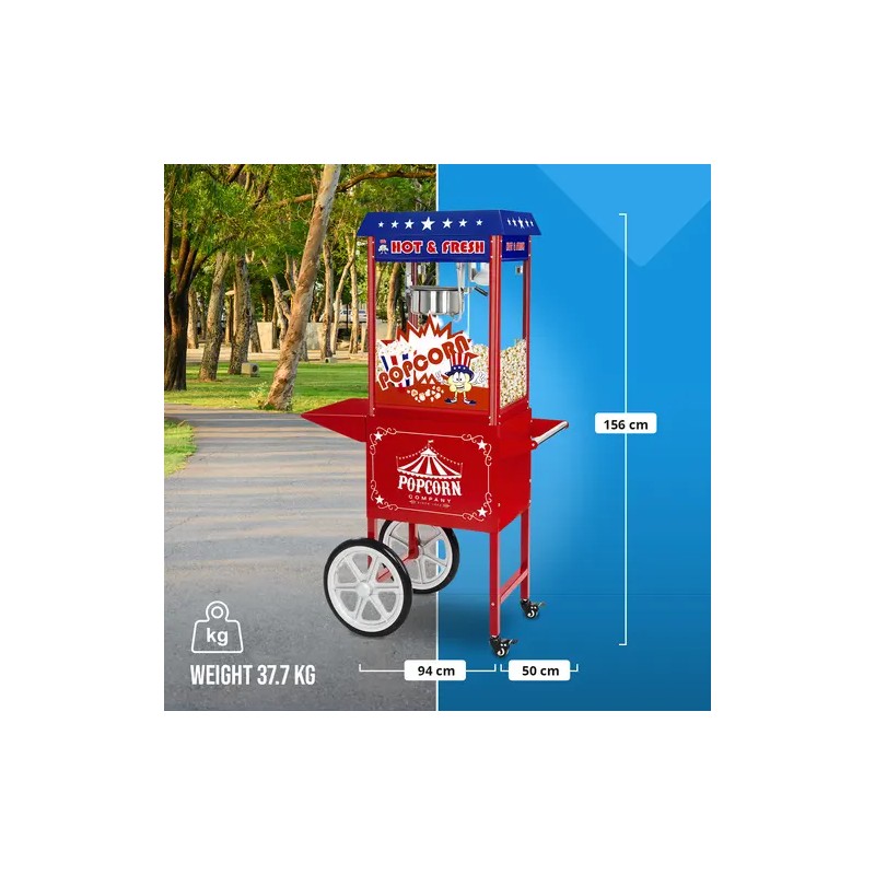Royal Catering Popcorn-kone kärryllä 1500 W 5 kg/h punainen