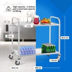 Royal Catering ruostumattomasta teräksestä valmistettu tarjoilukärry, 2 hyllyä, 90 x 50 cm