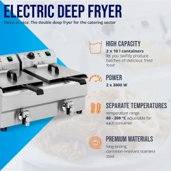Sähköinen kaksoisfriteerauskeitin 2 x 10 l, 6000 W, tyhjennyshanat, Royal Catering