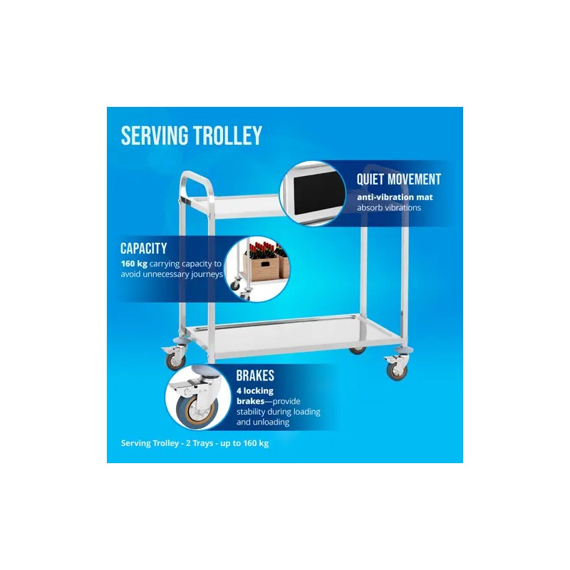 Royal Catering tarjoilukärry ruostumaton teräs 2 hyllyä 90 x 50 cm