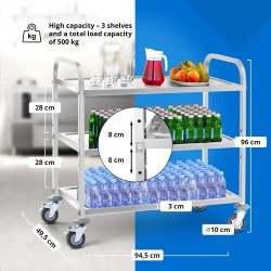 Royal Catering ruostumattomasta teräksestä valmistettu tarjoiluvaunu, 3 hyllyä, 90 x 50 cm