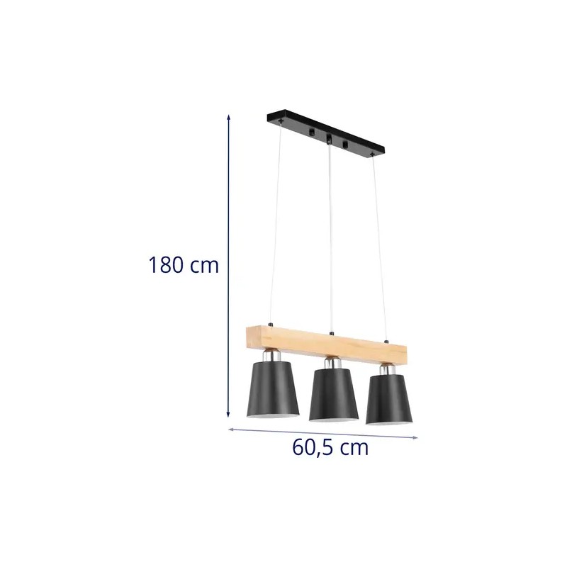 Uniprodo UNI_LD_14 riippuvalaisin puupalkilla ja 3 mustalla varjostimella E27