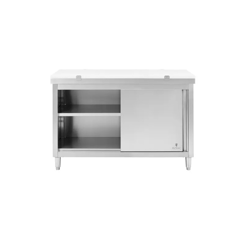 Royal Catering ECO ruostumattomasta teräksestä valmistettu työpöytäkaappi 140 x 70 cm leikkuulaudalla