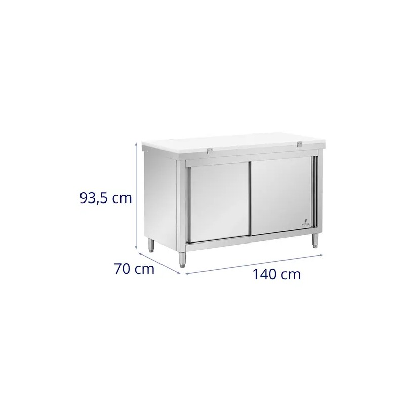 Royal Catering ECO ruostumattomasta teräksestä valmistettu työpöytäkaappi 140 x 70 cm leikkuulaudalla