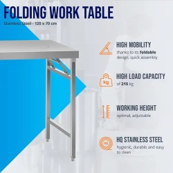 Royal Catering ECO-työpöytä ruostumaton teräs 70 x 120 cm taitettava 215 kg