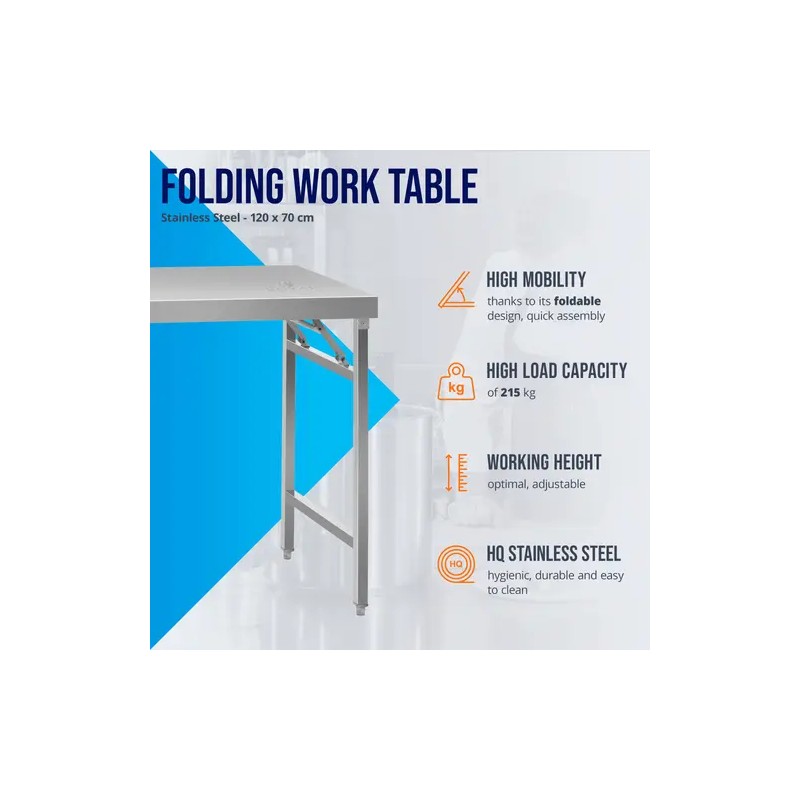 Royal Catering ECO-työpöytä ruostumaton teräs 70 x 120 cm taitettava 215 kg