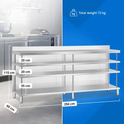 Royal Catering ruostumattomasta teräksestä valmistettu baarityöpöytä 250 x 60 x 115 cm