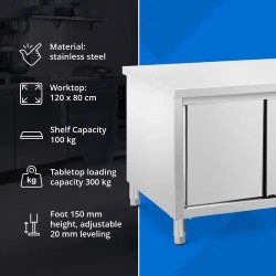 Royal Catering ECO ruostumattomasta teräksestä valmistettu työpöytäkaappi 120 x 80 cm 500 kg