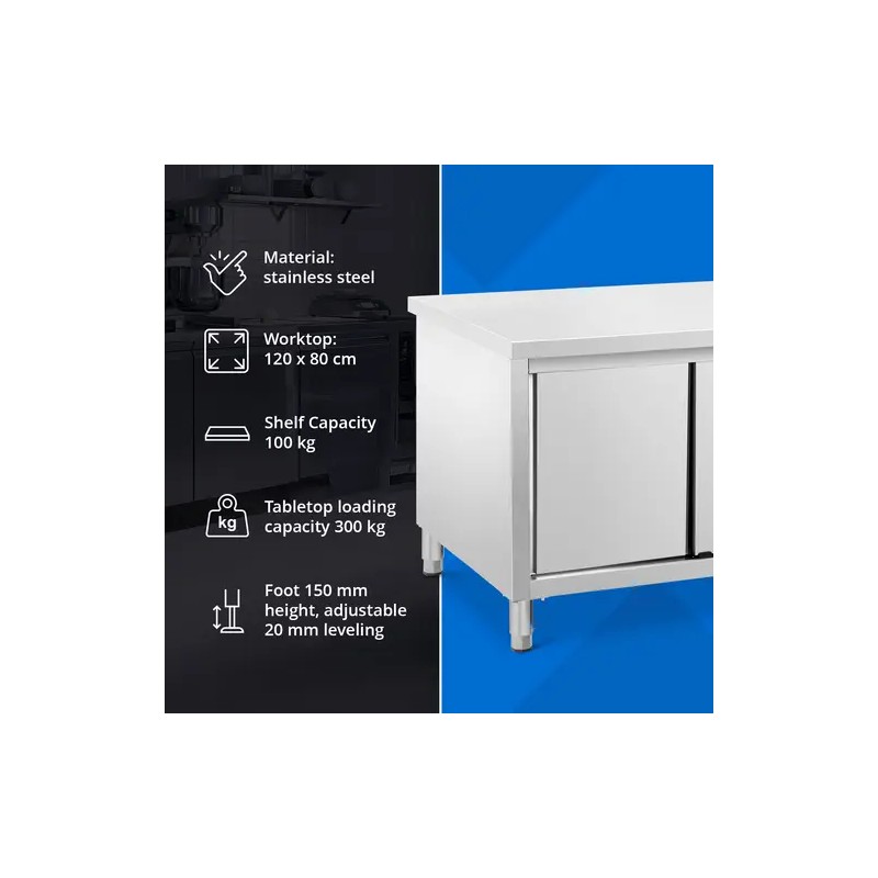 Royal Catering ECO ruostumattomasta teräksestä valmistettu työpöytäkaappi 120 x 80 cm 500 kg