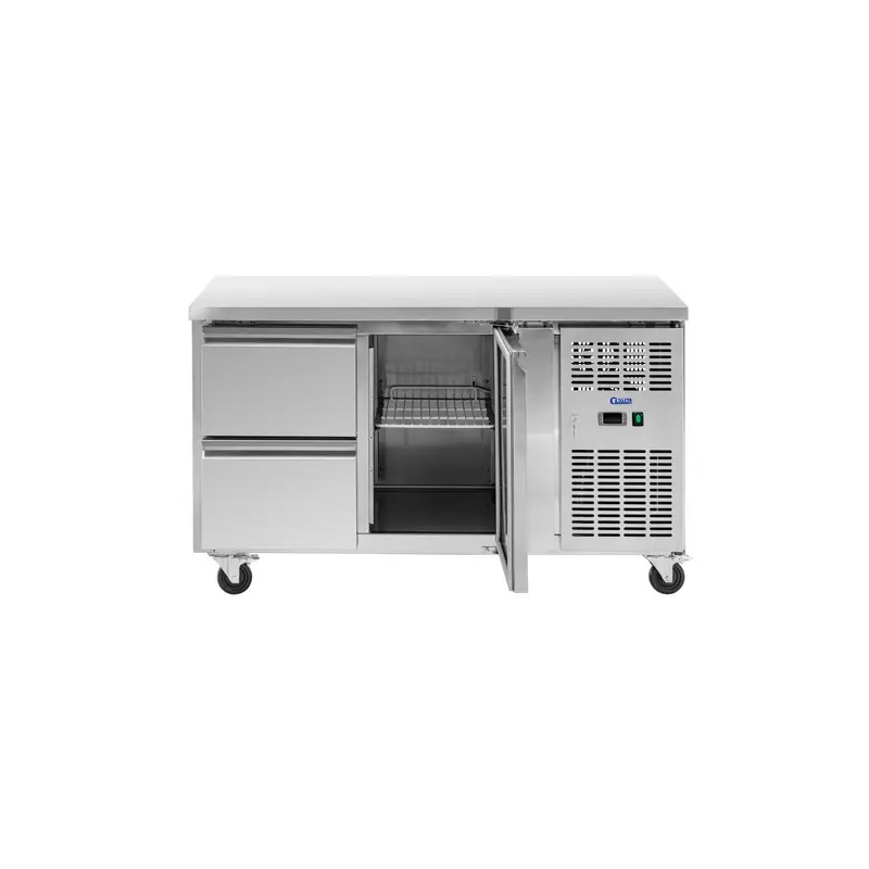 Royal Catering kylmälaskupöytä 280 l, 1 hylly ja 2 laatikkoa, 136 x 70 cm, ruostumaton teräs