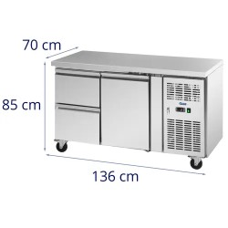 Royal Catering kylmälaskupöytä 280 l, 1 hylly ja 2 laatikkoa, 136 x 70 cm, ruostumaton teräs