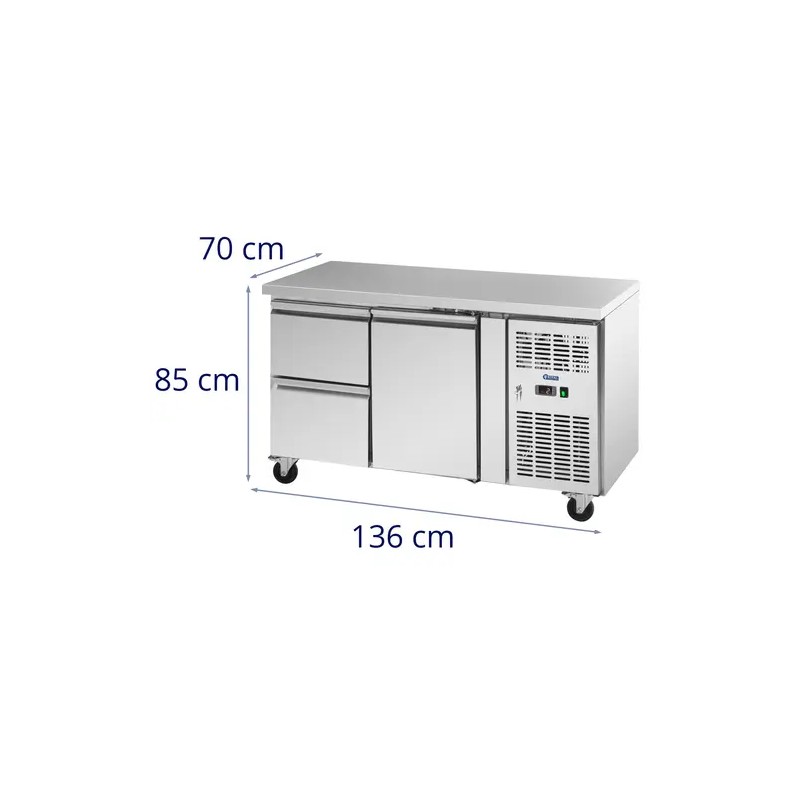 Royal Catering kylmälaskupöytä 280 l, 1 hylly ja 2 laatikkoa, 136 x 70 cm, ruostumaton teräs