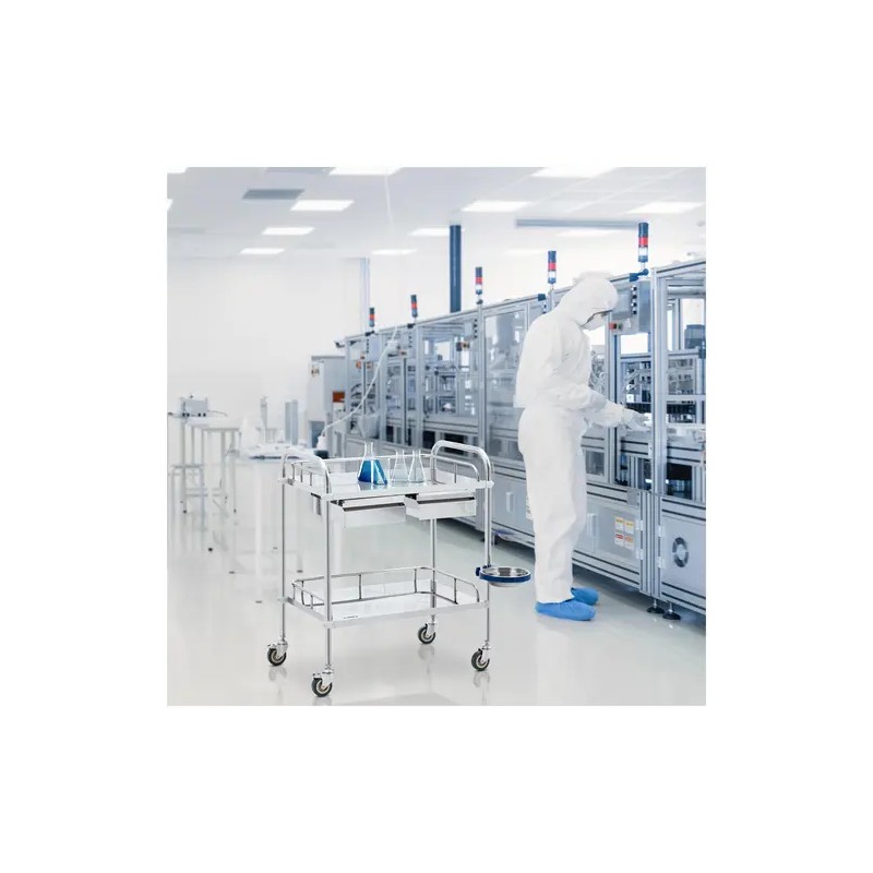 Laboratoriovaunu ruostumattomasta teräksestä, 2 hyllyä ja 2 vetolaatikkoa, 20 kg