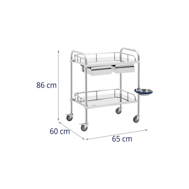 Laboratoriovaunu ruostumattomasta teräksestä, 2 hyllyä ja 2 vetolaatikkoa, 20 kg