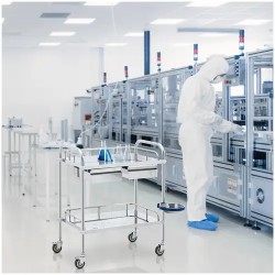 Laboratorion kärry ruostumattomasta teräksestä, 2 hyllyä ja 2 vetolaatikkoa, 20 kg