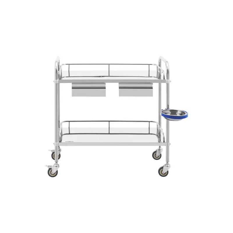 Laboratorion kärry ruostumattomasta teräksestä, 2 hyllyä ja 2 vetolaatikkoa, 20 kg