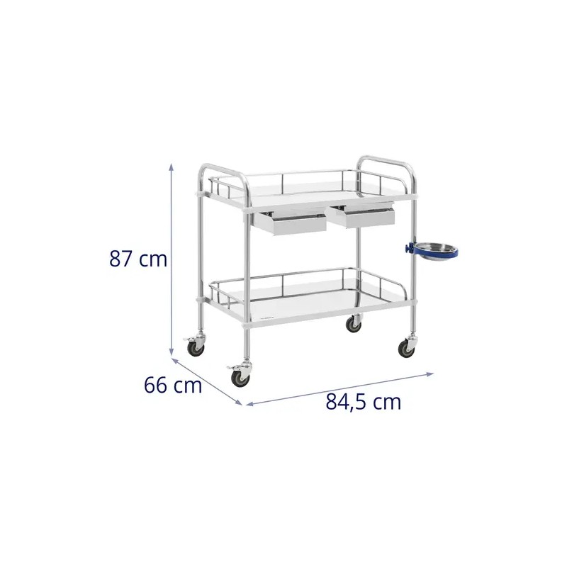 Laboratorion kärry ruostumattomasta teräksestä, 2 hyllyä ja 2 vetolaatikkoa, 20 kg