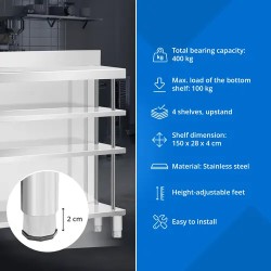 Royal Catering baarityöpöytä ruostumaton teräs 150 x 30 x 115 cm 4 hyllyä