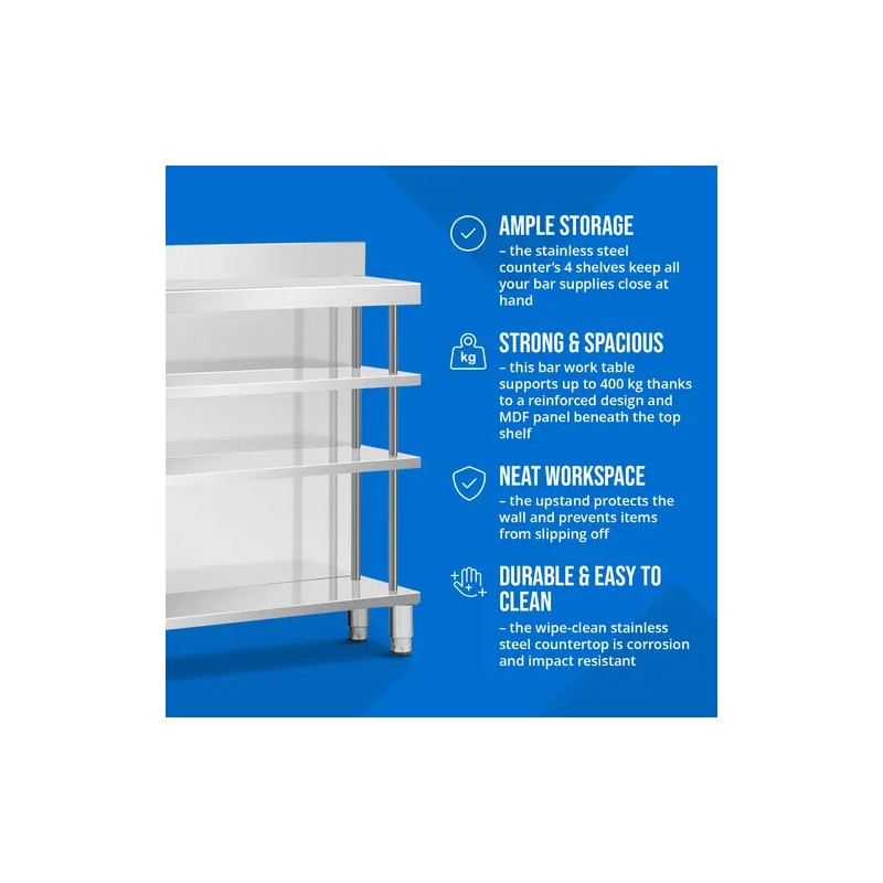 Royal Catering baarityöpöytä ruostumaton teräs 150 x 30 x 115 cm 4 hyllyä