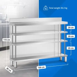 Royal Catering baarityöpöytä ruostumaton teräs 150 x 30 x 115 cm 4 hyllyä
