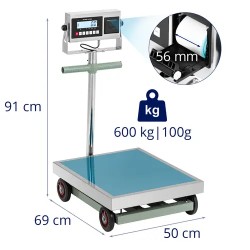 Alustavaaka 600 kg / 0,1 kg 60 x 50 cm LCD-näytöllä ja etikettitulostimella, pyörillä