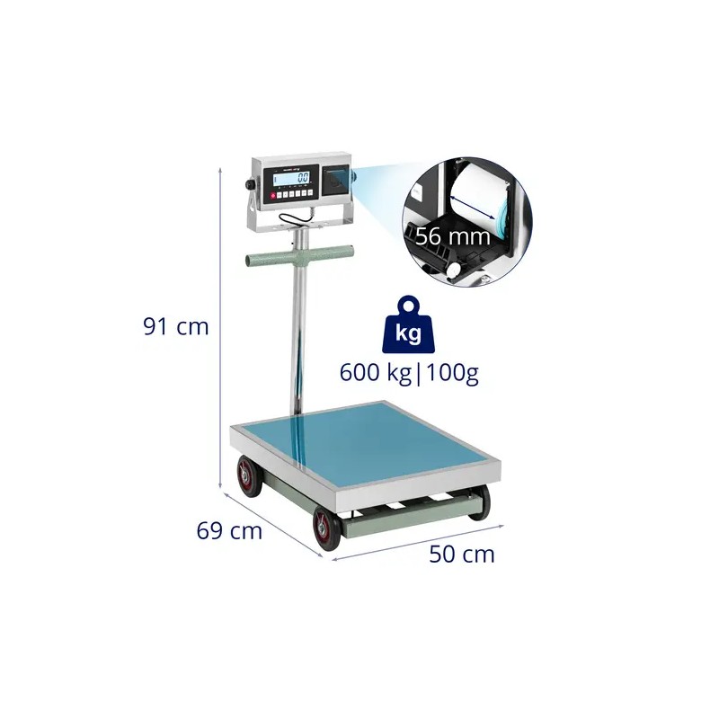 Alustavaaka 600 kg / 0,1 kg 60 x 50 cm LCD-näytöllä ja etikettitulostimella, pyörillä