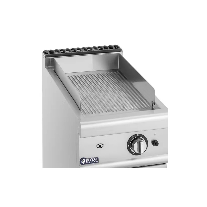 Royal Catering kaasugrilli 6 kW, uritettu pinta, 50-300 °C, alakaapilla