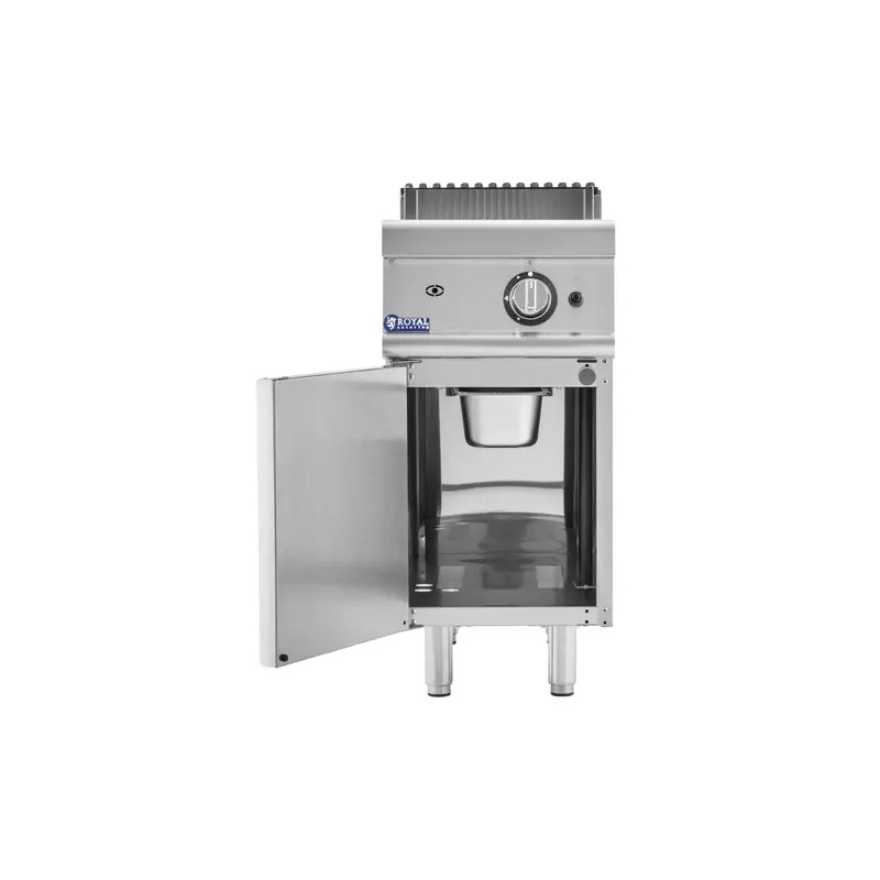 Royal Catering kaasugrilli 6 kW, uritettu pinta, 50-300 °C, alakaapilla