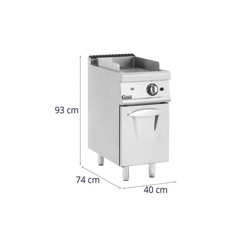 Royal Catering kaasugrilli 6 kW, uritettu pinta, 50-300 °C, alakaapilla