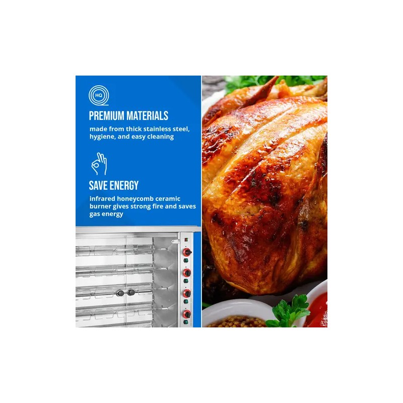 Royal Catering kaasugrilli 5 vartaalla, infrapunapolttimet ja valaistus