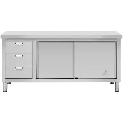Royal Catering ECO ruostumattomasta teräksestä valmistettu työpöytäkaappi 180 x 70 cm, 3 vetolaatikkoa
